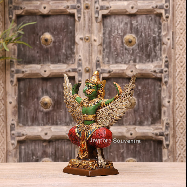 12" Hand-Carved Thai Garuda Brass Statue in Green &amp; Gold Finish