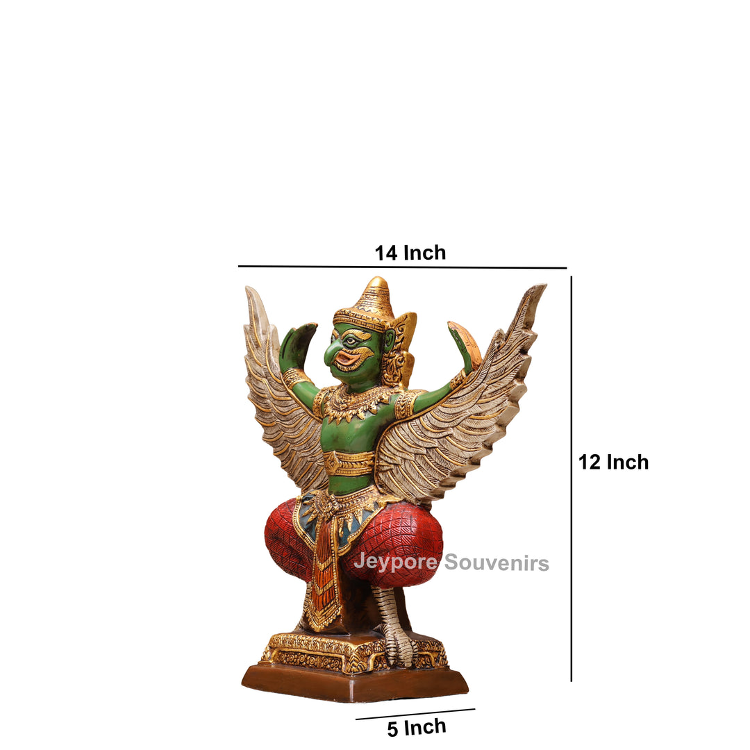 12" Hand-Carved Thai Garuda Brass Statue in Green &amp; Gold Finish