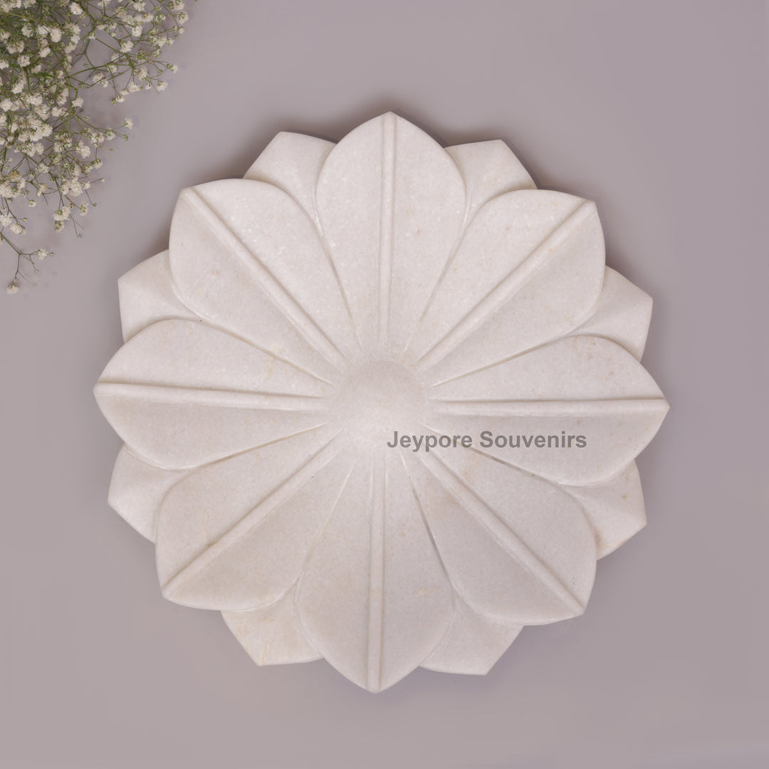 Hand-Carved White Marble Lotus Decorative Tray Style Urli Bowl