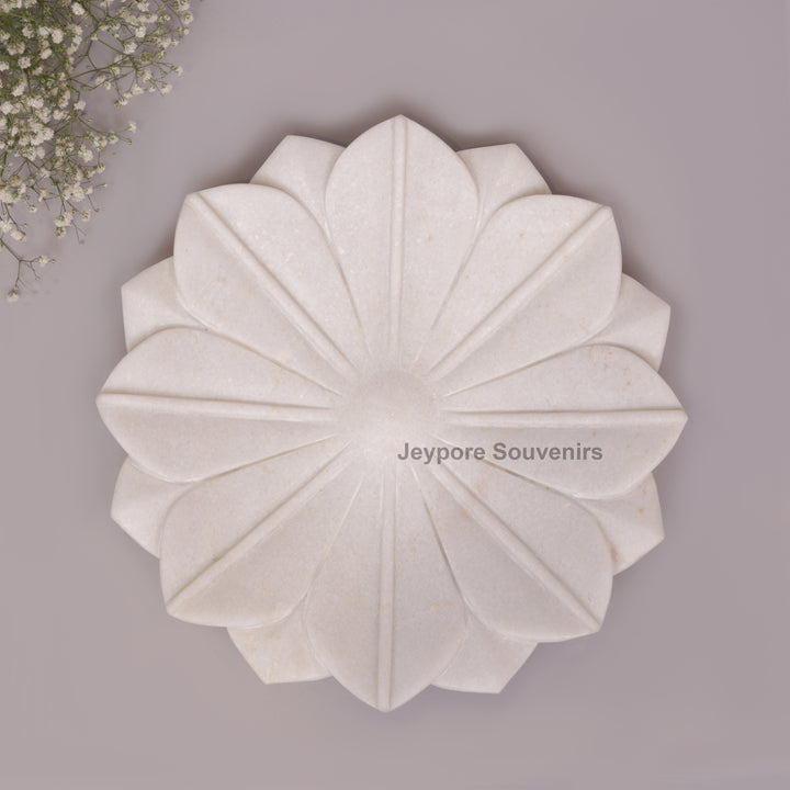 Hand-Carved White Marble Lotus Decorative Tray Style Urli Bowl