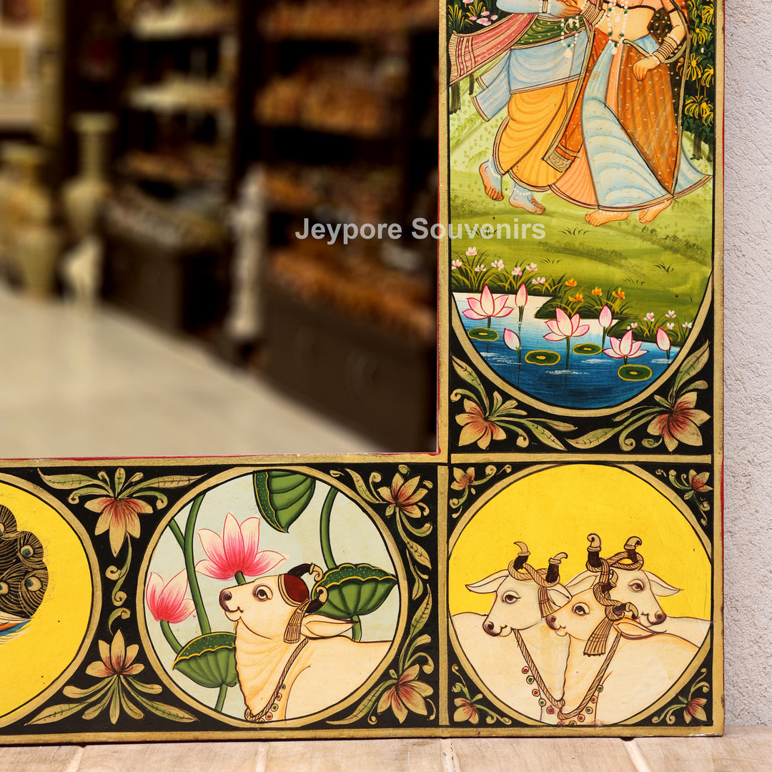 Hand-Painted Pichwai Jharokha Wall Mirror with Radha Krishna, Cow &amp; Peacock Motifs