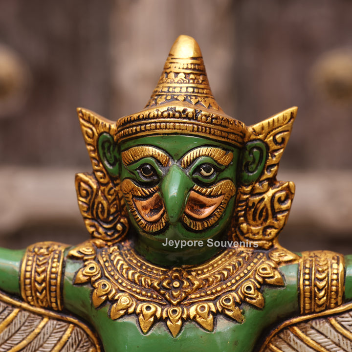 12" Hand-Carved Thai Garuda Brass Statue in Green &amp; Gold Finish