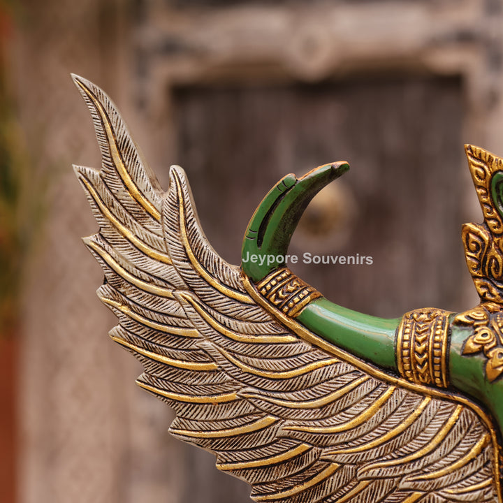 12" Hand-Carved Thai Garuda Brass Statue in Green &amp; Gold Finish