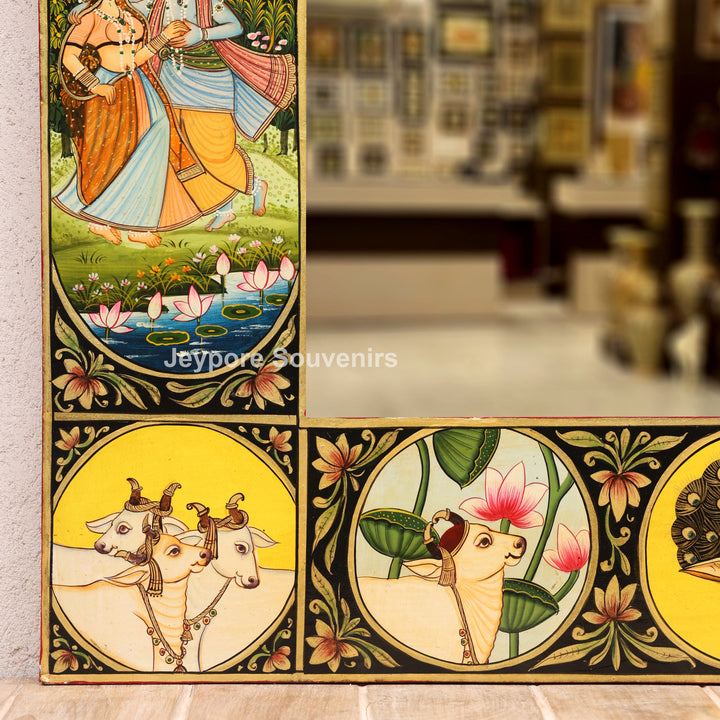 Hand-Painted Pichwai Jharokha Wall Mirror with Radha Krishna, Cow &amp; Peacock Motifs