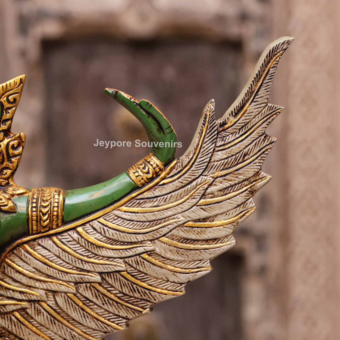 12" Hand-Carved Thai Garuda Brass Statue in Green &amp; Gold Finish