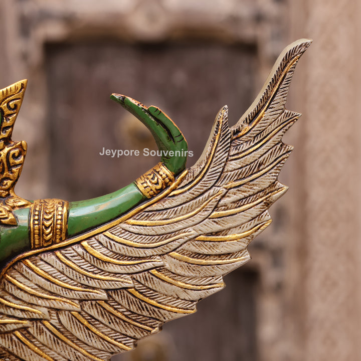 12" Hand-Carved Thai Garuda Brass Statue in Green &amp; Gold Finish