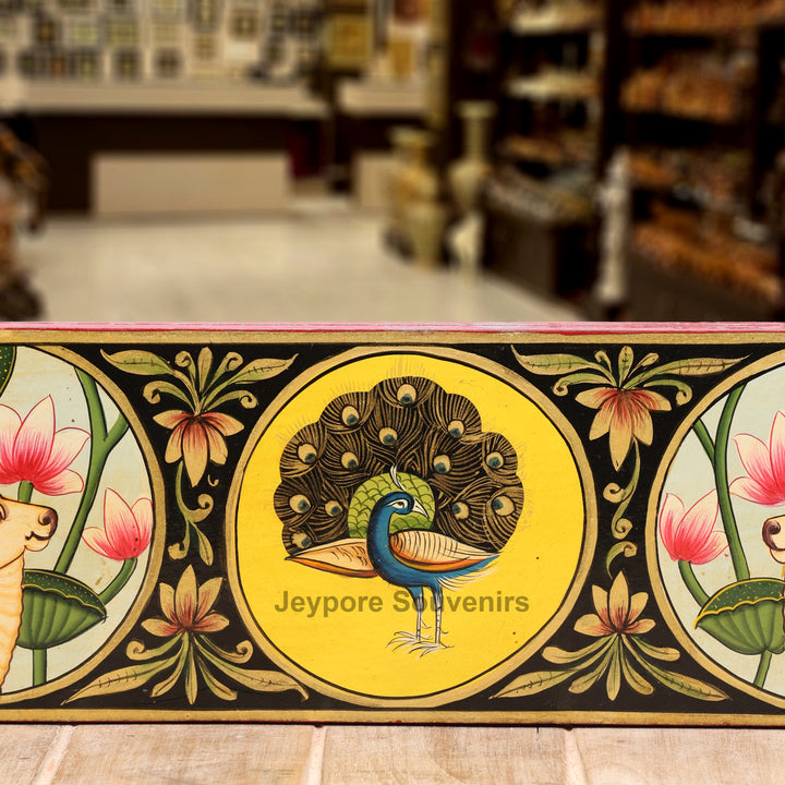 Hand-Painted Pichwai Jharokha Wall Mirror with Radha Krishna, Cow &amp; Peacock Motifs