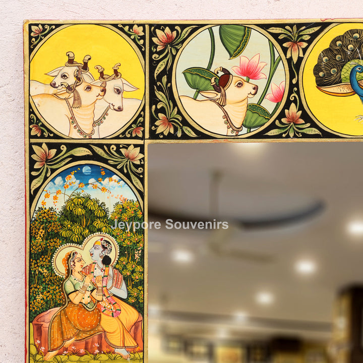 Hand-Painted Pichwai Jharokha Wall Mirror with Radha Krishna, Cow &amp; Peacock Motifs