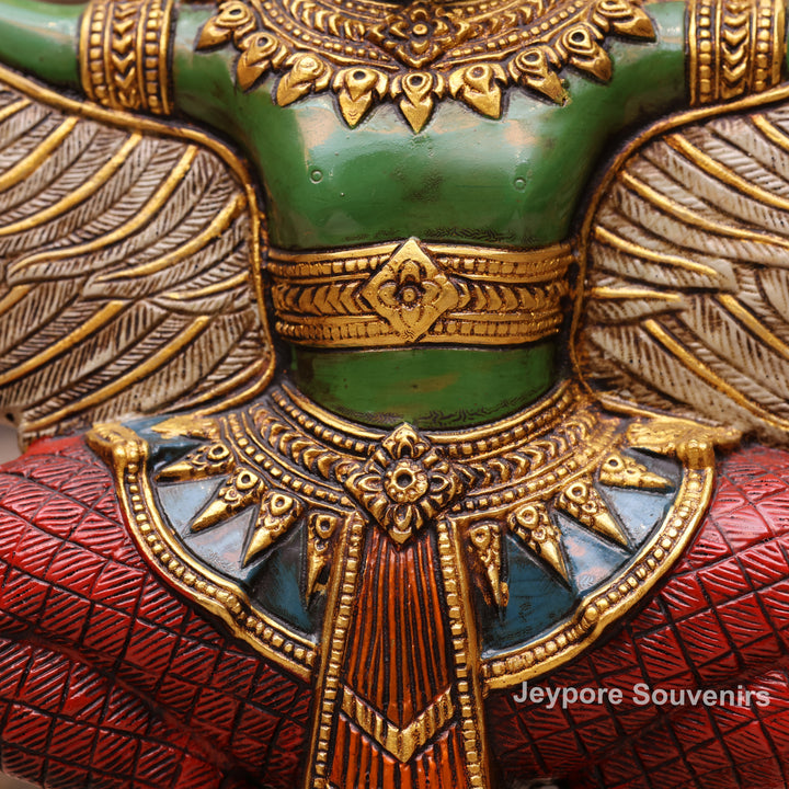 12" Hand-Carved Thai Garuda Brass Statue in Green &amp; Gold Finish