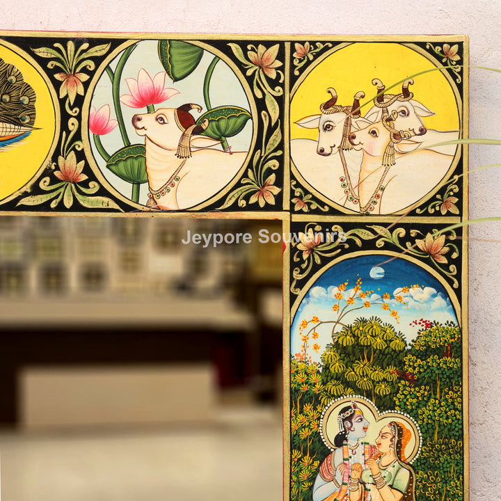 Hand-Painted Pichwai Jharokha Wall Mirror with Radha Krishna, Cow &amp; Peacock Motifs