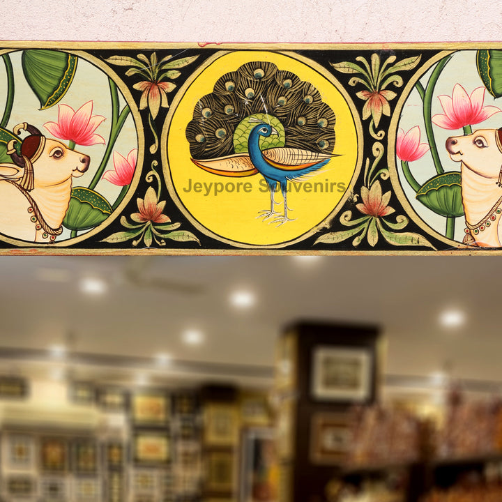 Hand-Painted Pichwai Jharokha Wall Mirror with Radha Krishna, Cow &amp; Peacock Motifs