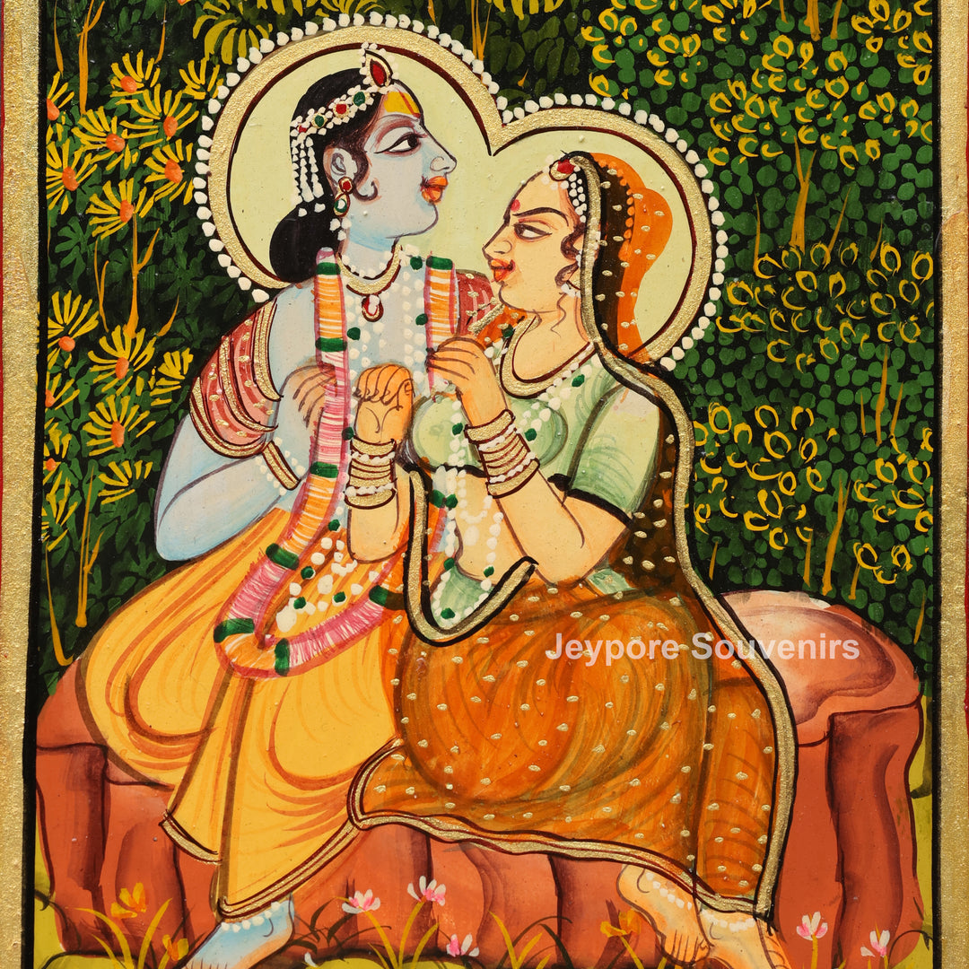 Hand-Painted Pichwai Jharokha Wall Mirror with Radha Krishna, Cow &amp; Peacock Motifs