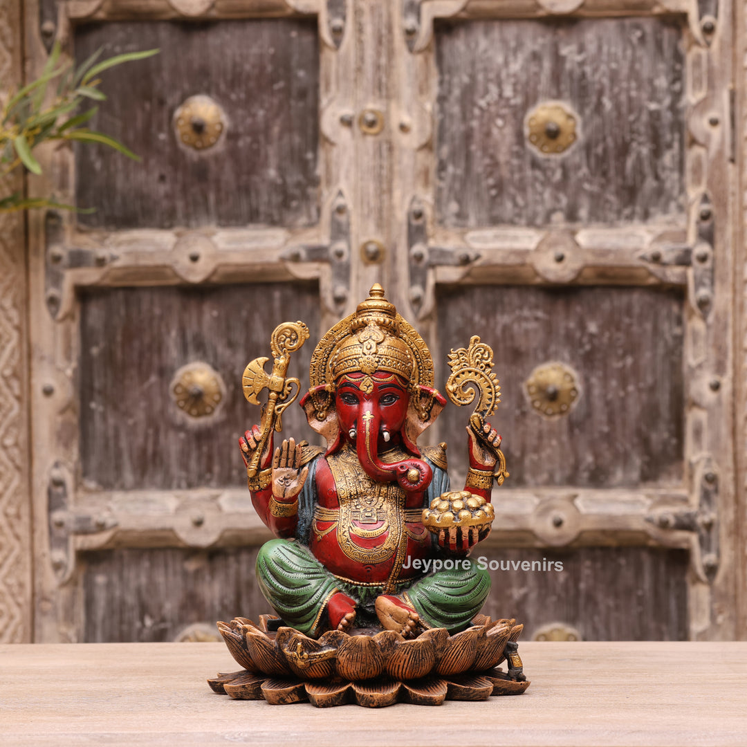 12" Handcrafted Multicolor Brass Lord Ganesha Statue on Lotus Base