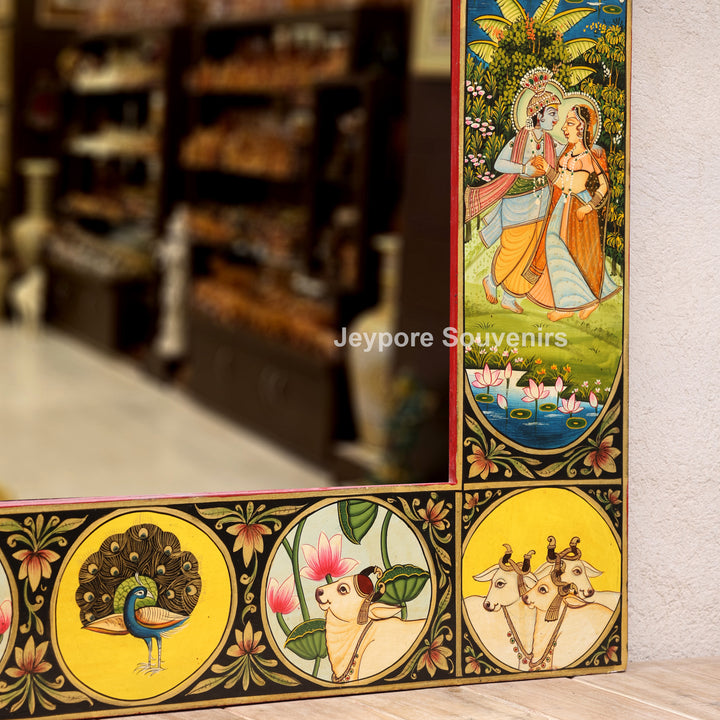 Hand-Painted Pichwai Jharokha Wall Mirror with Radha Krishna, Cow &amp; Peacock Motifs