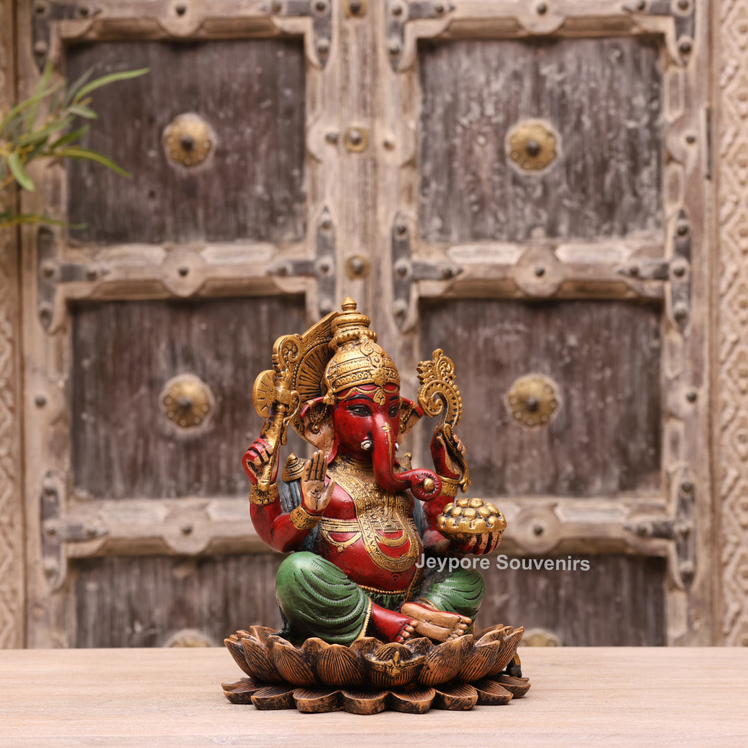 12" Handcrafted Multicolor Brass Lord Ganesha Statue on Lotus Base