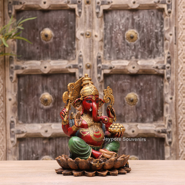 12" Handcrafted Multicolor Brass Lord Ganesha Statue on Lotus Base