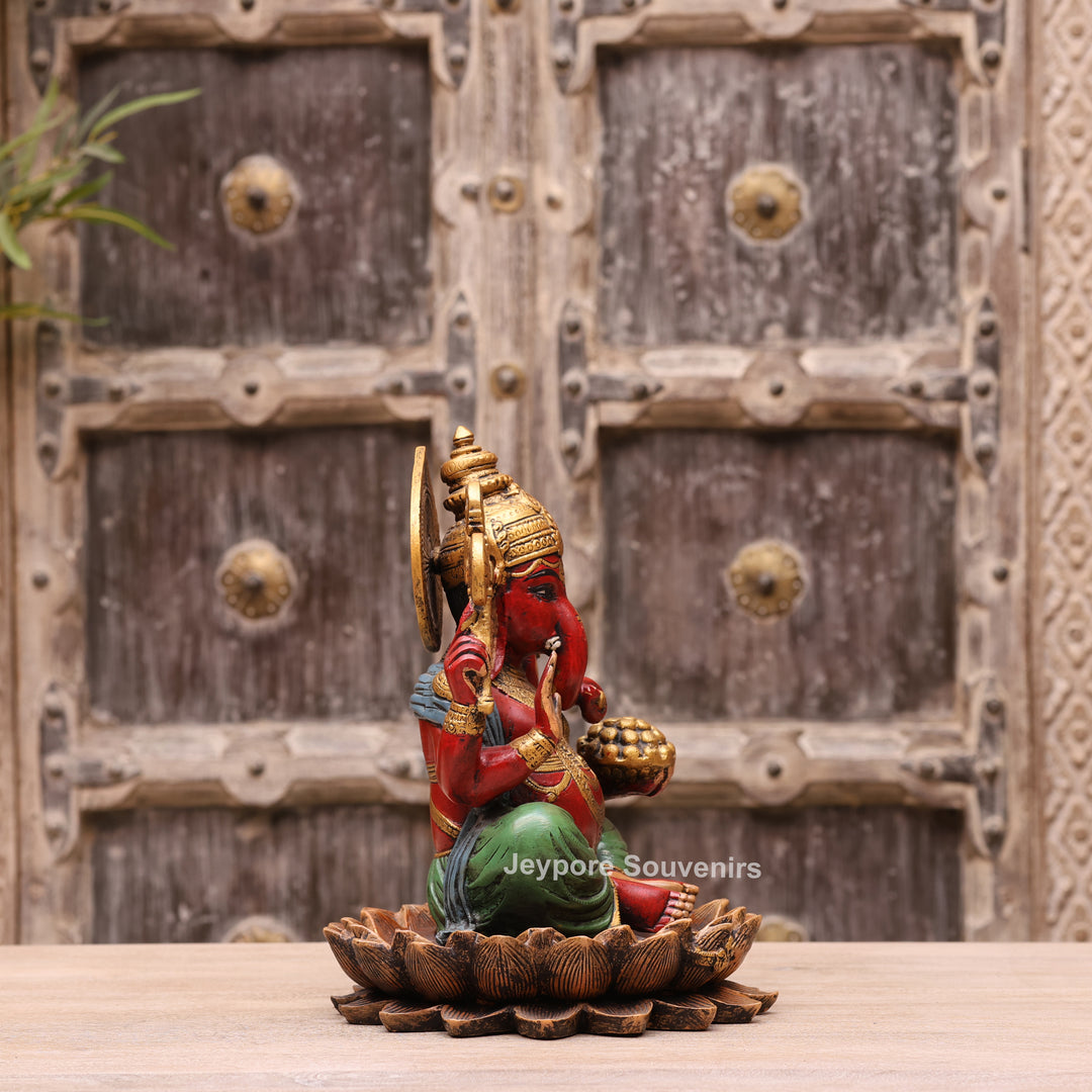 12" Handcrafted Multicolor Brass Lord Ganesha Statue on Lotus Base