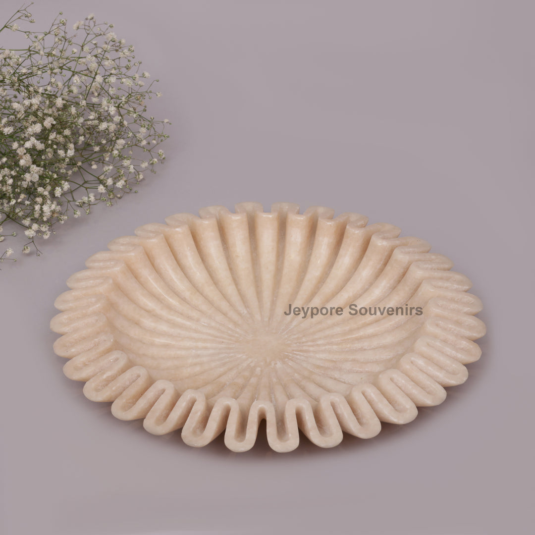 Handcrafted Pink Marble Ruffle Bowl with Scalloped Fluted Edge