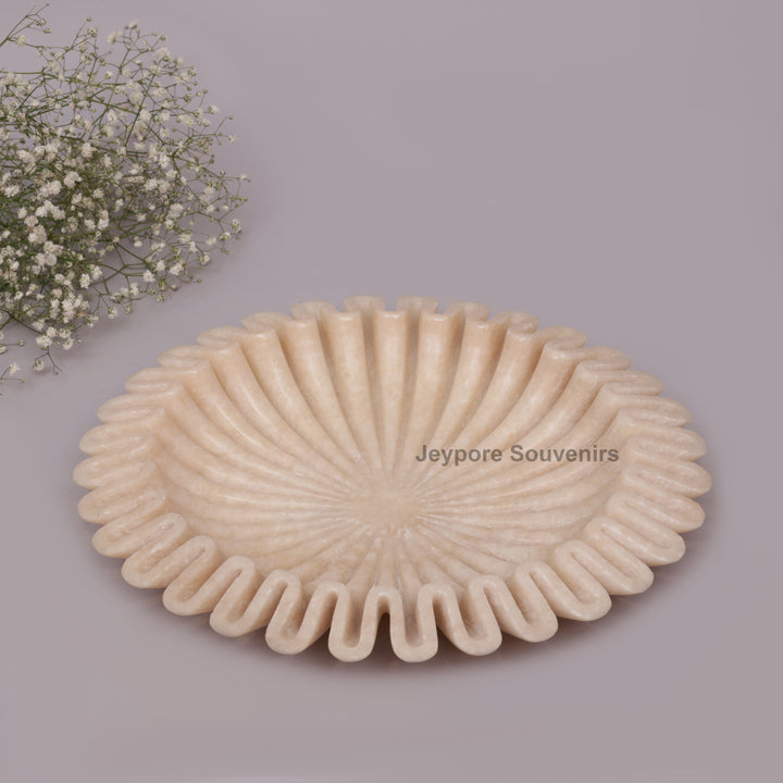 Handcrafted Pink Marble Ruffle Bowl with Scalloped Fluted Edge