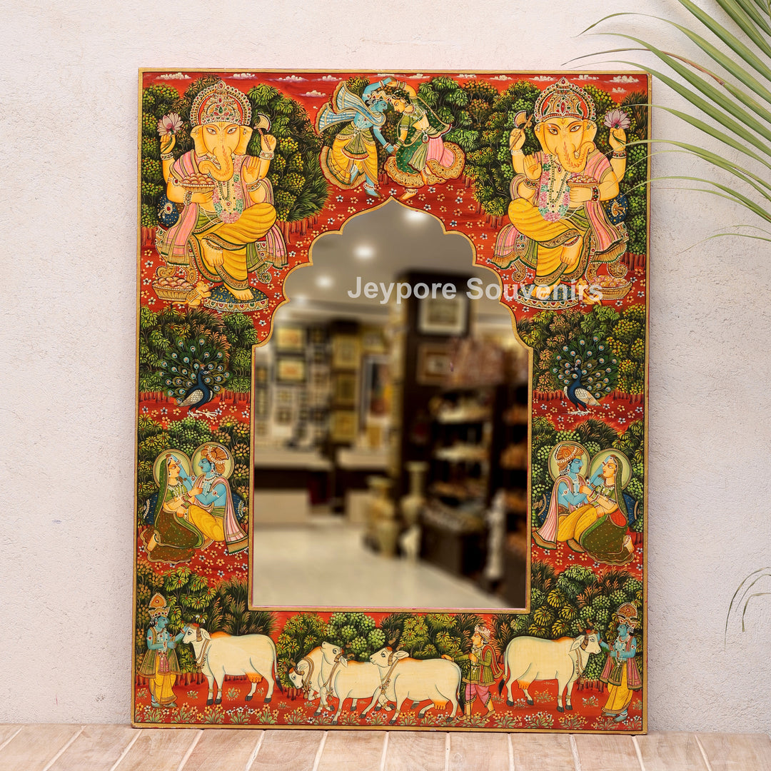 Hand-Painted Wooden Jharokha Mirror with Radha Krishna, Ganesha &amp; Cow Motifs