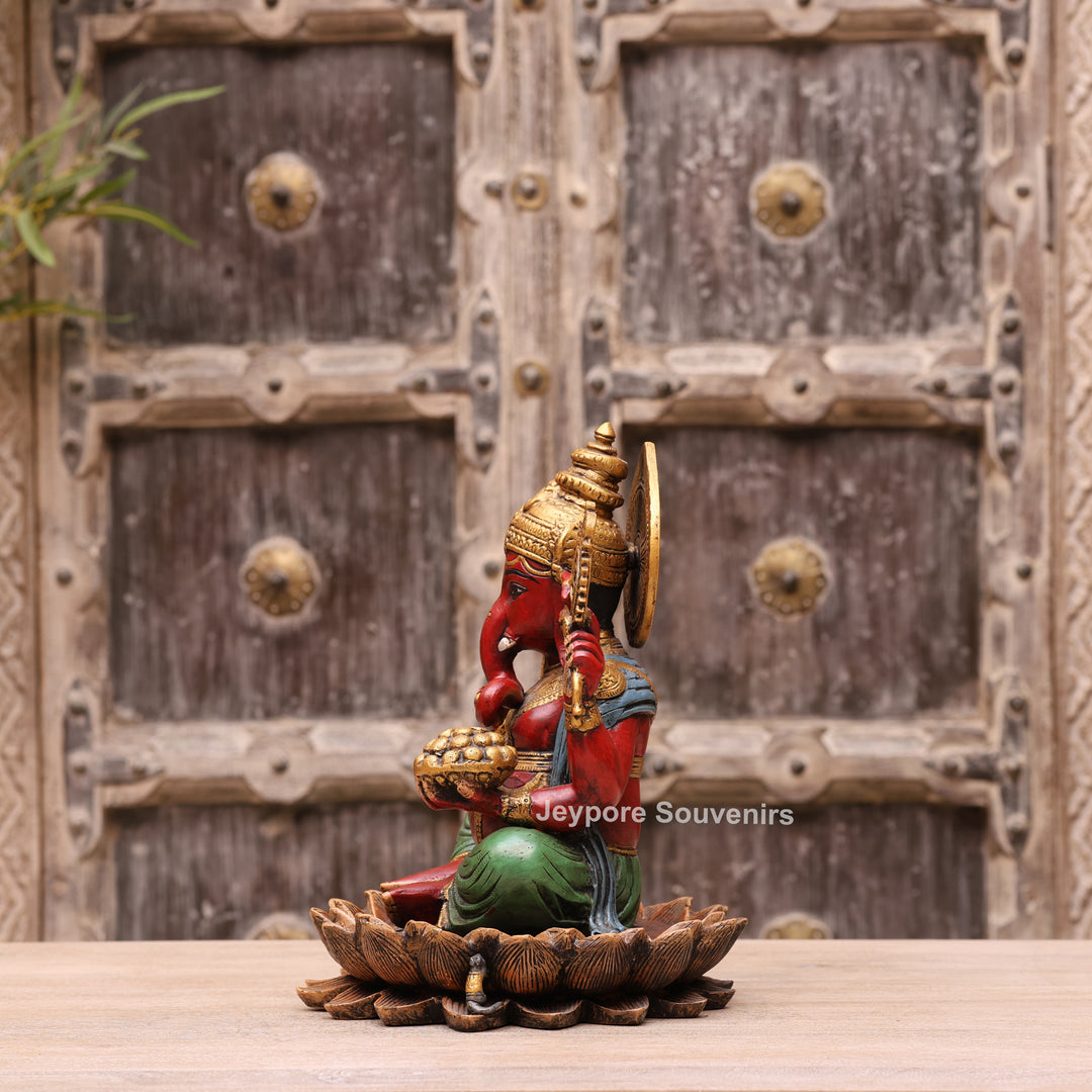 12" Handcrafted Multicolor Brass Lord Ganesha Statue on Lotus Base