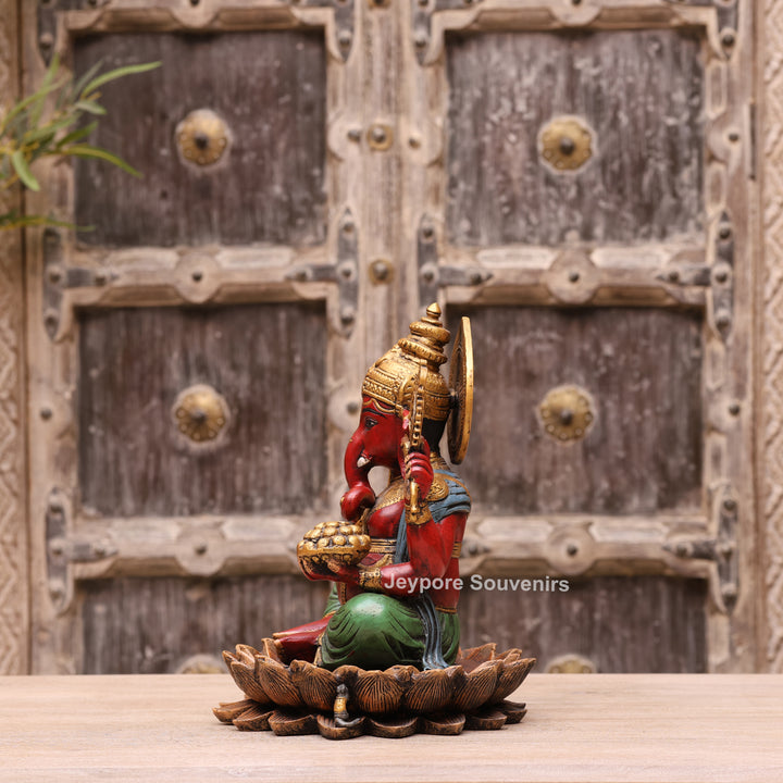 12" Handcrafted Multicolor Brass Lord Ganesha Statue on Lotus Base