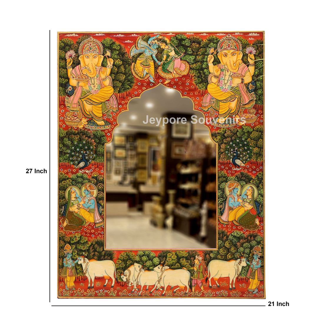 Hand-Painted Wooden Jharokha Mirror with Radha Krishna, Ganesha &amp; Cow Motifs