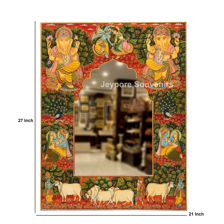 Hand-Painted Wooden Jharokha Mirror with Radha Krishna, Ganesha &amp; Cow Motifs