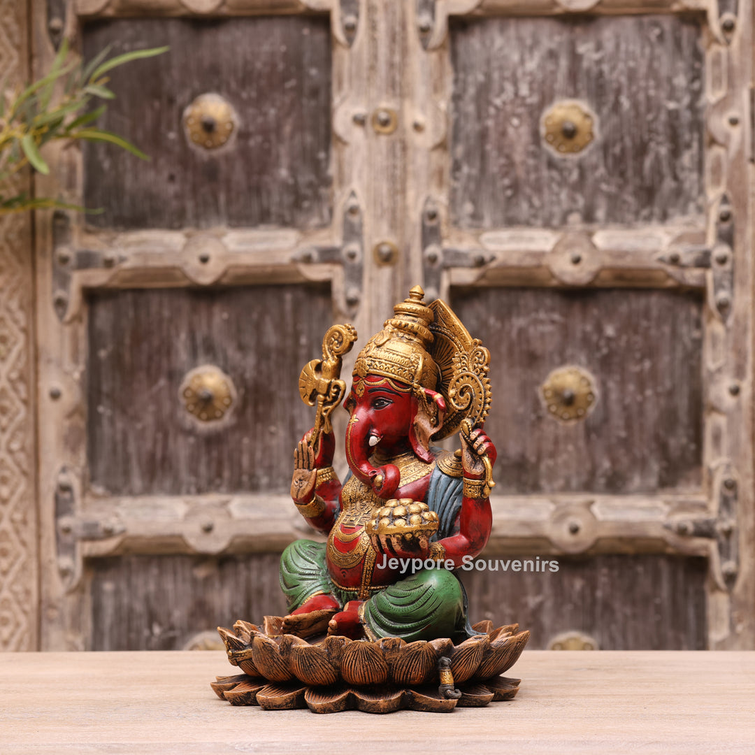 12" Handcrafted Multicolor Brass Lord Ganesha Statue on Lotus Base