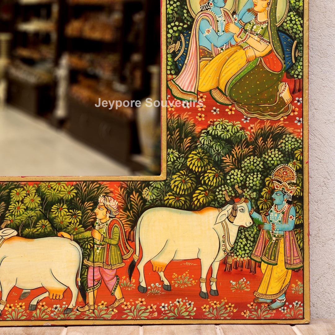 Hand-Painted Wooden Jharokha Mirror with Radha Krishna, Ganesha &amp; Cow Motifs