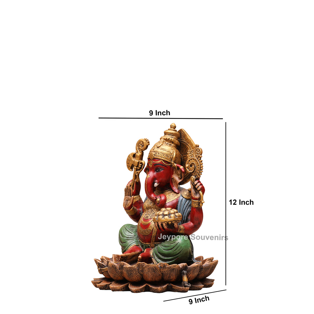 12" Handcrafted Multicolor Brass Lord Ganesha Statue on Lotus Base