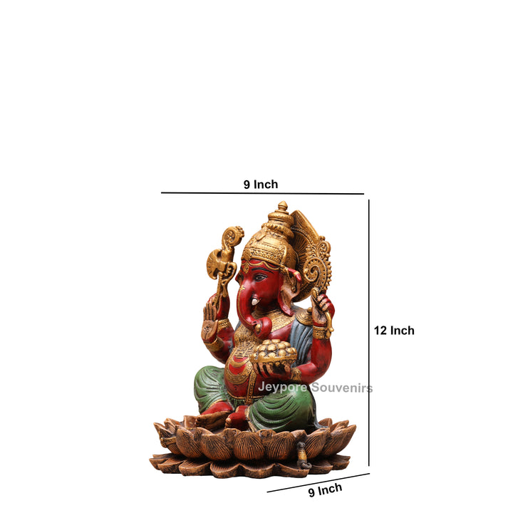 12" Handcrafted Multicolor Brass Lord Ganesha Statue on Lotus Base