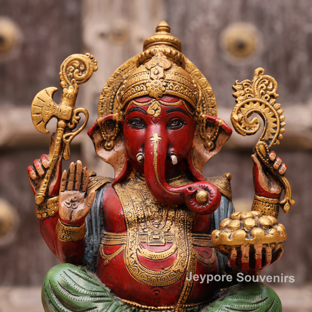12" Handcrafted Multicolor Brass Lord Ganesha Statue on Lotus Base