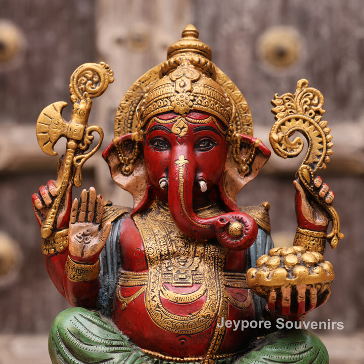 12" Handcrafted Multicolor Brass Lord Ganesha Statue on Lotus Base