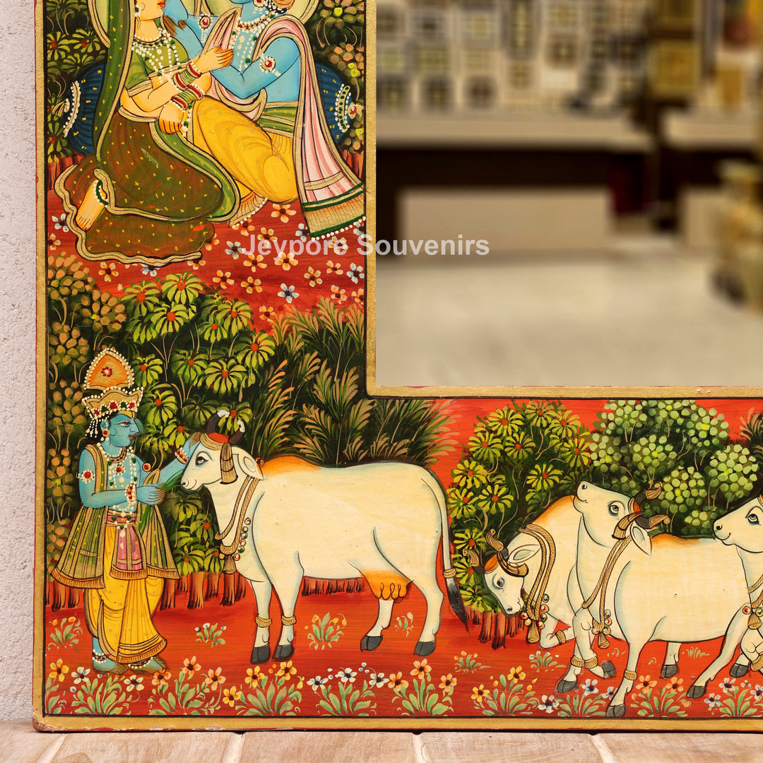 Hand-Painted Wooden Jharokha Mirror with Radha Krishna, Ganesha &amp; Cow Motifs