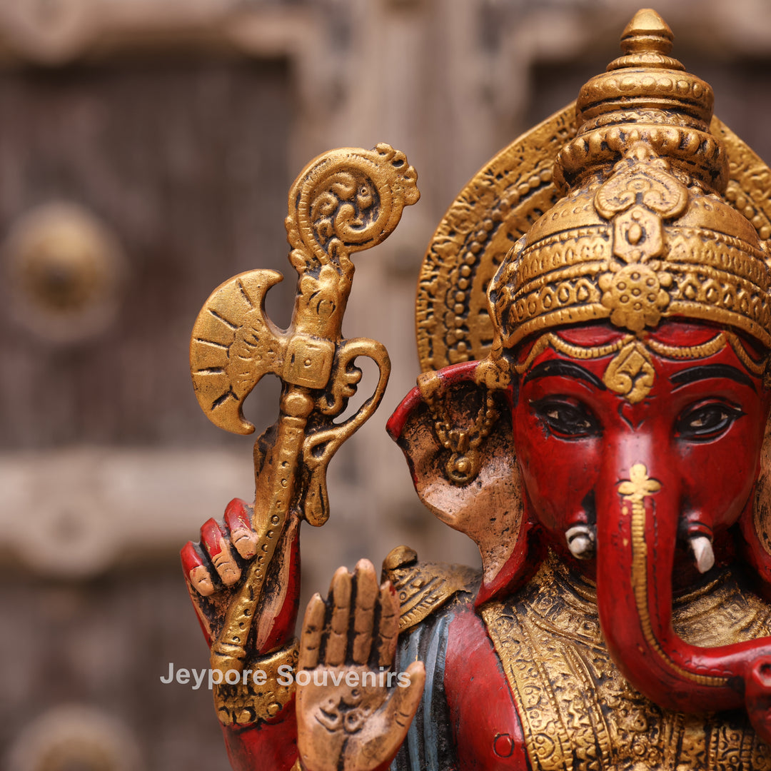 12" Handcrafted Multicolor Brass Lord Ganesha Statue on Lotus Base