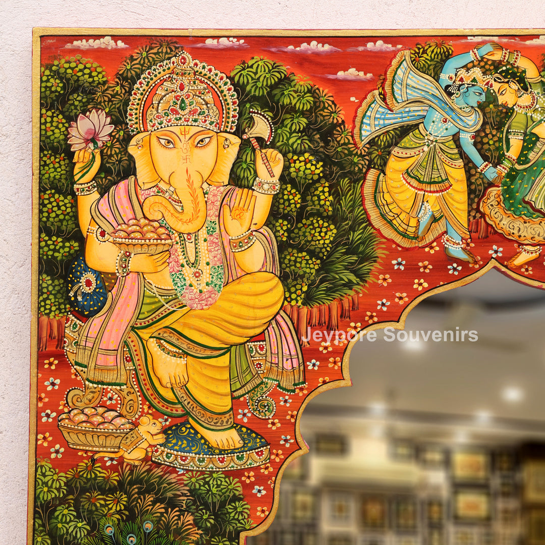 Hand-Painted Wooden Jharokha Mirror with Radha Krishna, Ganesha &amp; Cow Motifs
