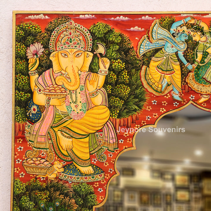 Hand-Painted Wooden Jharokha Mirror with Radha Krishna, Ganesha &amp; Cow Motifs