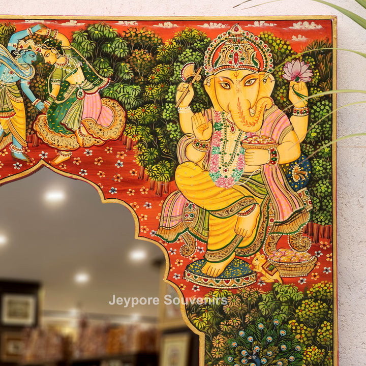 Hand-Painted Wooden Jharokha Mirror with Radha Krishna, Ganesha &amp; Cow Motifs