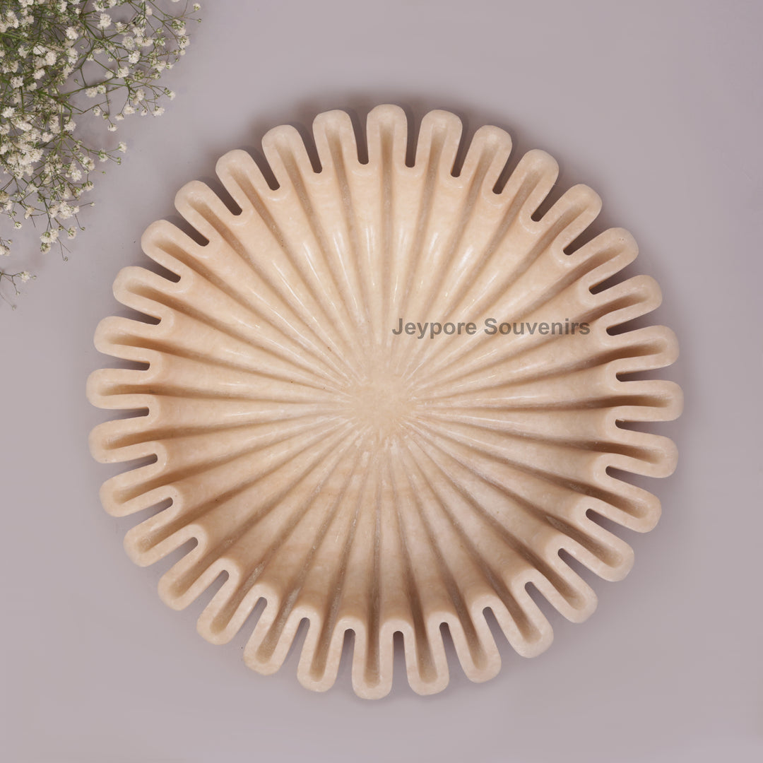 Handcrafted Pink Marble Ruffle Bowl with Scalloped Fluted Edge