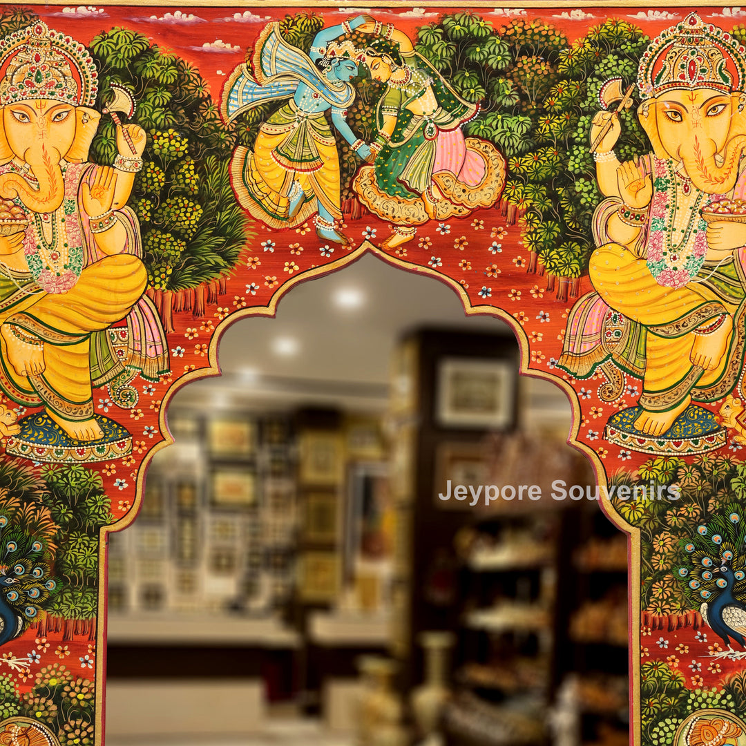 Hand-Painted Wooden Jharokha Mirror with Radha Krishna, Ganesha &amp; Cow Motifs