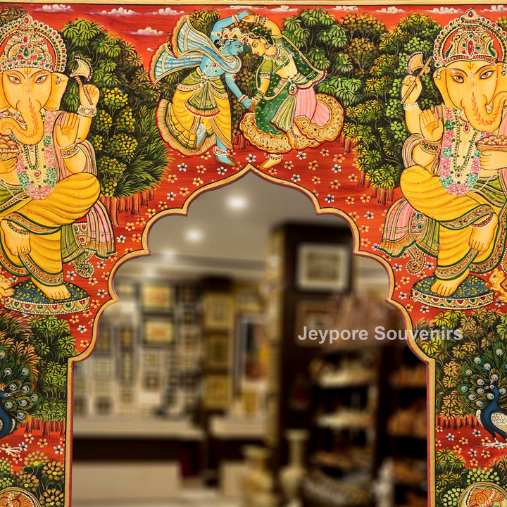 Hand-Painted Wooden Jharokha Mirror with Radha Krishna, Ganesha &amp; Cow Motifs