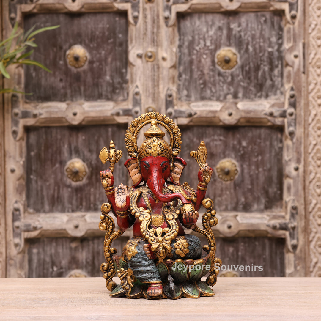 13" Handcrafted Red &amp; Gold Brass Lord Ganesha Statue