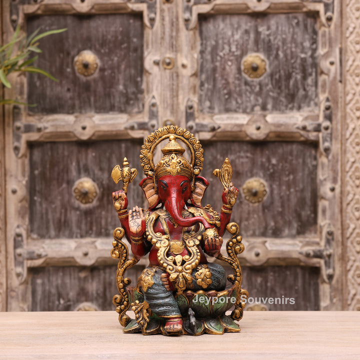 13" Handcrafted Red &amp; Gold Brass Lord Ganesha Statue