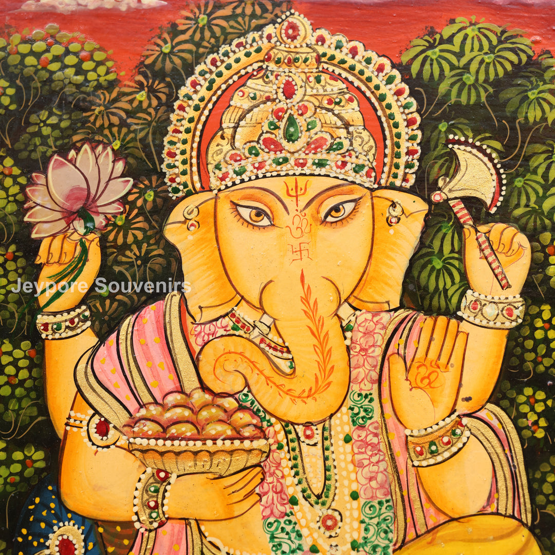Hand-Painted Wooden Jharokha Mirror with Radha Krishna, Ganesha &amp; Cow Motifs