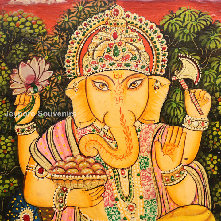Hand-Painted Wooden Jharokha Mirror with Radha Krishna, Ganesha &amp; Cow Motifs