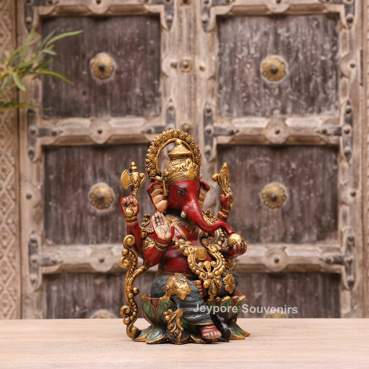 13" Handcrafted Red &amp; Gold Brass Lord Ganesha Statue