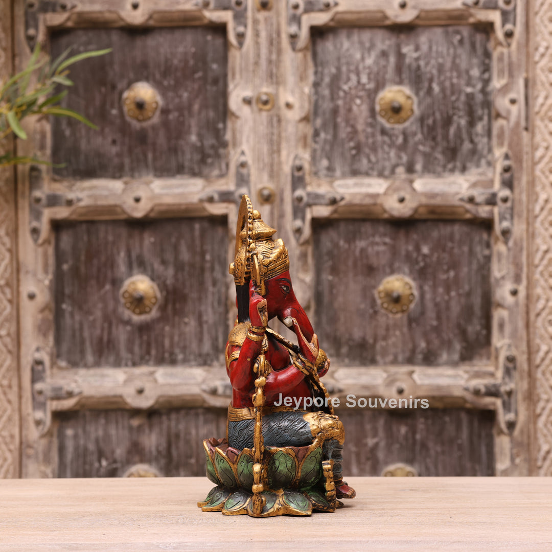 13" Handcrafted Red &amp; Gold Brass Lord Ganesha Statue