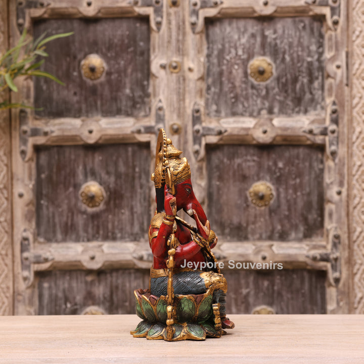 13" Handcrafted Red &amp; Gold Brass Lord Ganesha Statue