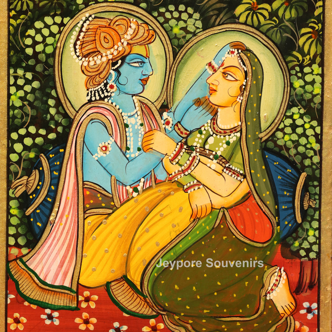 Hand-Painted Wooden Jharokha Mirror with Radha Krishna, Ganesha &amp; Cow Motifs